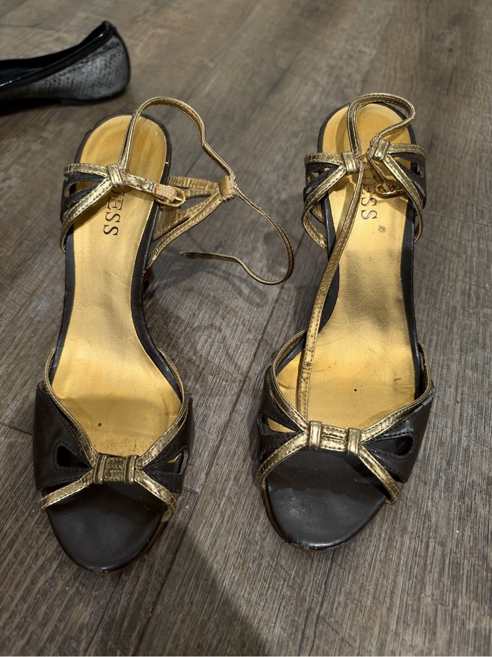 Guess Brown and Gold Strappy Open-Toe Heels with Ankle Tie